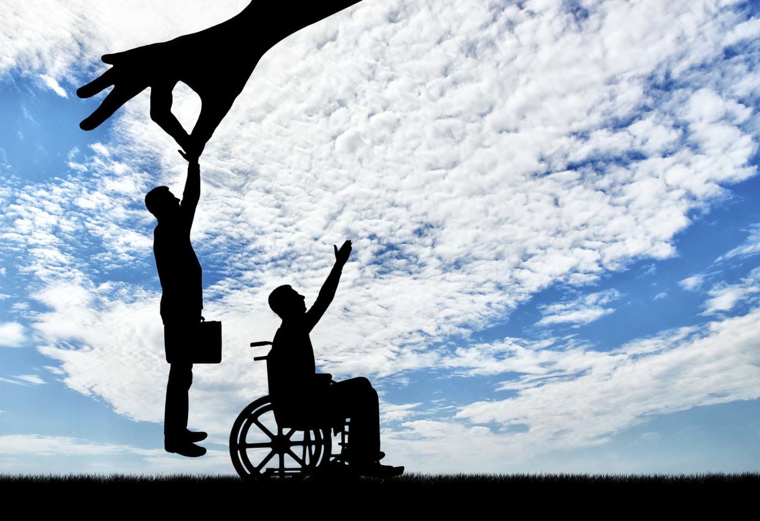 Dwa piktogramy ludzkie. Jeden to osoba na wózku z wyciągniętą ręką ku niebu, drugi przedstawia mężczyznę z teczką, unoszonego ku górze przez dłoń.