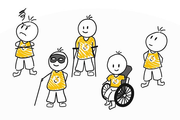 Grafika prezentuje pięć postaci. Postacie przedstawiające osoby z różnymi niepełnosprawnościami. Postacie związane z cyklem "Ważne pytania".