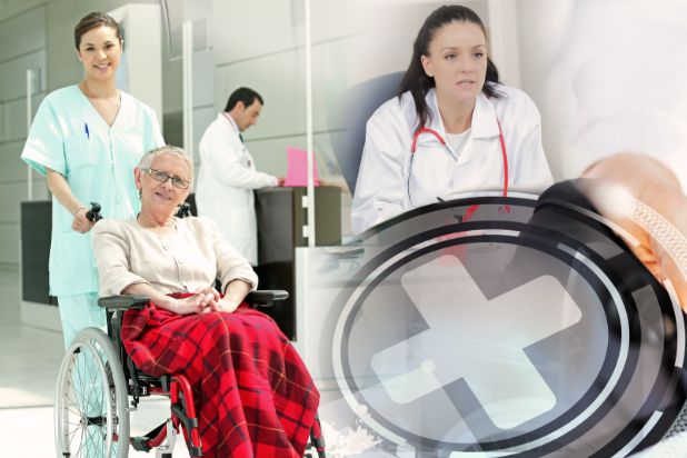 Kolaż: starsza kobieta ma wózku prowadzona przez pielęgniarkę, lekarka, lekarz oraz krzyż, symbolizujący służbę zdrowia.