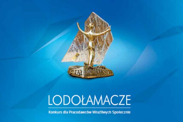 Na pierwszym planie statuetka konkursowa Lodołamacze. Załączono tekst: Lodołamacze - konkurs dla pracodawców wrażliwych społecznie.