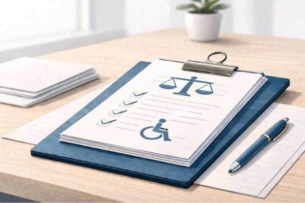 Na beżowym blacie biurka leży niebieska podkładka formatu A4 na której leży kartka z ikonami wagi i osoby na wózku. Po je prawej stronie leży niebieski długopis. Po lewej stronie plik białych kartek. Z tyłu w tle zielony kwiat w białej doniczce.