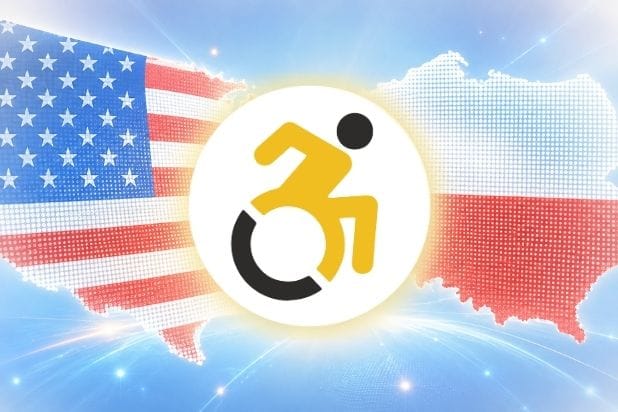 Symbol osoby na wózku na tle motywów amerykańsko-polskich